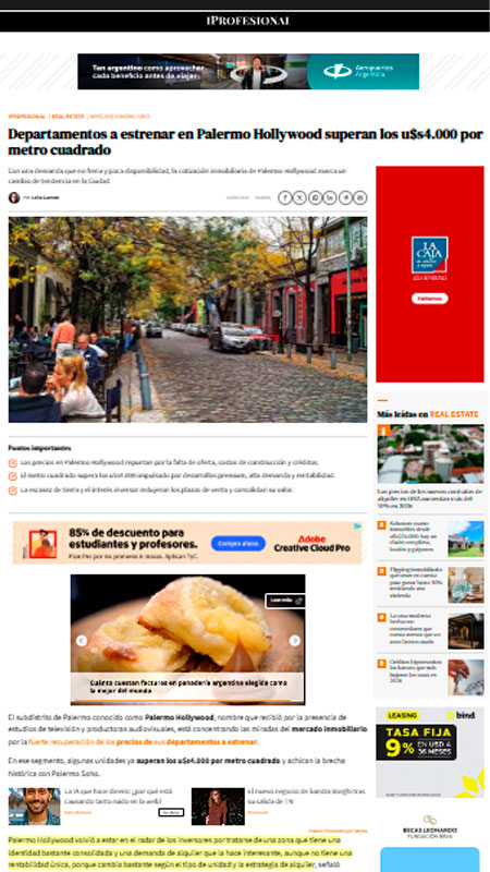 Departamentos a estrenar en Palermo Hollywood superan los u$s4.000 por metro cuadrado