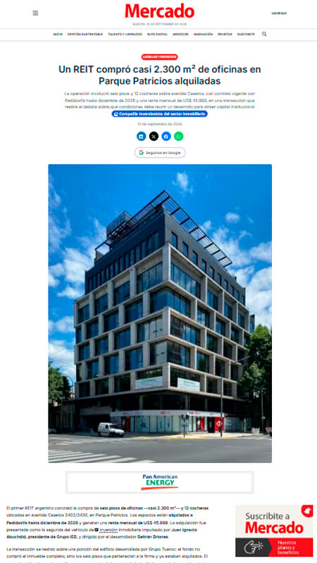 Un REIT compró casi 2.300 m² de oficinas en Parque Patricios alquiladas